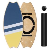 Leogreen Balance Board Aus Holz In Surfboard, 7 Schwierigkeitsstufen, Bis 160 kg Belastbar Mit Verstellbaren Stoppern, Roller, Blau Gelb