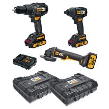 Cat – Drill Percussion Screwdriver and Grinder Set with Batteries and Cases – 18V Voltage – 2x 2.0Ah Lithium Battery – Ergonomic Design