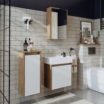 Mini Bathroom Furniture Set With Basin, Mirror Cabinet And Tall Storage Unit, Oak Effect And White