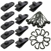 Gta - Set Of 10 Tarp Clips Heavy Duty Lock Grip Tent Clips Clamps With Thumb Screw And Bungee Ball Cords + Carabiner For Fixing Tarps, Awnings, 