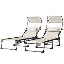 Tumbonas Plegables Avec Reposacabezas Parasol Bolsillo Latéral Respaldo Inclinable 5 Positions Crema 2 Pièces