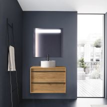 Mobile Bagno Sospeso 80 Cm 2 Cassetti In Legno Rovere Africa Con Lavabo D'Appoggio - Astoria - 80 Cm Con Doppia Colonna Specchio E Lampada Led - 