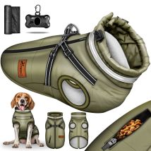 Tresko Chaqueta De Invierno Verde Para Perros, Talla S, Con Reflectores, Incluye 15 Bolsas Para Excrementos Y Dispensador Impermeable Para Perros 
