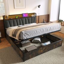 Cama Baúl, Cama De Adulto, Cama De Metal 140x200 Cm Con Cabecero Recargable Usb, Led Y Base De Listones, Gris, Sin Colchón, Sin Fondo