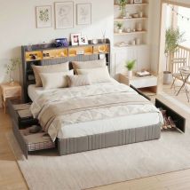 Doppelbett 160x200 Cm - Multifunktionales Polsterbett Mit Lattenrost, Polsterbett Aus Leinenstoff, Stauraum-kopfteil Mit Led Und Usb/typ-c-anschlüssen