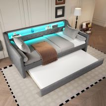 Lit Gigogne - Gutent - 90 X 200 Cm - Éclairage Led - Ports Usb - Lin Gris