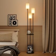 Puluomis - Industrial Floor Lamp With 3 Linen Lampshade, Standing Lamp With Foot Switch, Floor Lamp With 2 Tier Shelf, For Living Room, Bedroom, Study