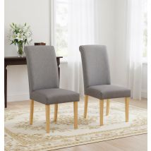 Hallowood Furniture Premium Roll Top Linen Fabric Grey Dining Chairs Set Of 2 With Solid Wooden Legs, Modern Plain Back Neutral Upholstered Dining 