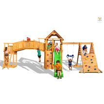 Fungoo Spielturm 'maxi Set Fortress Tiptop Rainbow Spider+', Teak, Mit Rutsche, Holzdach, Griffe, Leiter, Kletterturm, Brücke, Trapez Und Kletterseil
