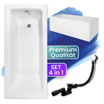 Badland - Badewanne Rechteck 130x70 Mit Acrylschürze, Ablaufgarnitur & Füßen Gratis - Komplettset 4in1 Original Acryl Wanne Siphon Talia