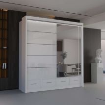 Sliding Wardrobes 4U – Modern High Gloss Sliding Door Wardrobe – 203cm – LED Lighting, Mirror, Drawers, Shelves, Hanging Rails
