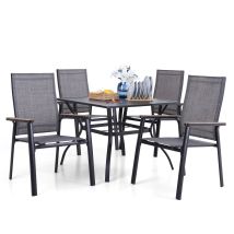 Garten Möbel Set 4 Stühle Mit Tisch, Quadratischer Metall Tisch Mit 4cm Schirmloch Und 4 Aluminium Textilene Stühle, Terrasse, Balkon, Bistro - 