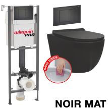 Wc-komplettpaket Ohne Flansch Bati Initio + Mattschwarzes, Wandhängendes Becken Ohne Flansch + Schwarze Soft-touch-platte