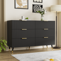 Urban Meuble - Buffet Élégant Noir Design Moderne, 6 Tiroirs Poignets Et Point De Pieds Dorés 120x40x77cm