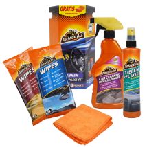 Geschenkbox Innenraumpflege Set 4-teilig 300 ml Tiefenpfleger 500 ml Universalreiniger 20 Lederpflegetücher 20 Scheibenreinigungstücher