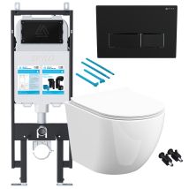 Gloss White Rimless D Shape Wall Hung Toilet With 1.14m Concealed Cistern Frame Set - Black Plate