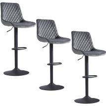 Ainpecca - Velvet Grey Bar Stools Set Of 3 Modern Swivel Height Adjustable Barstools With Black Metal, Armless Large Padded Cushion Breakfast Counter 