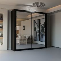 Modern 2 & 3 Door Sliding Wardrobe With Full-length Mirror & Led Light - Black203cm