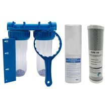 Desineo - Porta Filtro Doble Transparente + Cartucho De 50 Y Cartucho De 20 Micrones De Sedimento Más Soporte De Instalación