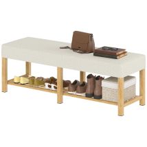 Banco Zapatero Con Asiento Acolchado 2 Personas Estante Abierto Marco Madera Crema Y Natural 140x44x48 Cm