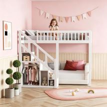 Foerpl-lit Superposé Enfant 90x200 Cm,lit Mezzanine 2 Place Avec Escalier De Rangement, Cadre De Lit Superposés 140x200 Avec Sommier À Lattes Et 