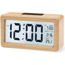 Beleuchteter Wecker Aus Holz – Geräuschloser Led-wecker Mit Datums- Und Temperaturanzeige – Schlummerfunktion – Benötigt 3 Aaa-batterien