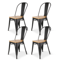 Kosmi - Set De 4 Sillas De Metal Negro Mate Con Asiento De Madera Clara - Estilo Industrial