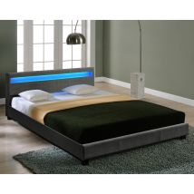 [corium] - Letto Matrimoniale 180x200 Cm A Testiera Alta Con Illuminazione A Led Tessuto Grigio Scuro Corium