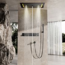 Duschsystem Mit Thermostat,multifunktionale Schwarze Versteckte Dusche,700 X 380 Mm Große Kopfbrause Mit 12 Led-leuchten Und Fünf Strahlarten,mit 
