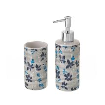 Set Salle De Bain Blanc Et Bleu Floral - Distributeur Savon + Verre
