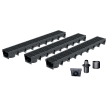 Mea - Pack De 3 : Caniveau Extérieur Avec Grille En Plastique Recyclé Noir Park - Caniveaux Pour Terrasse, Piscine, Jardin - Largeur Utile 10cm – 