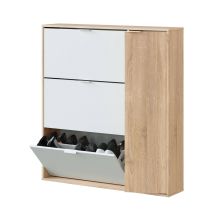 Schuhschrank Provo, Schuhschrank Mit 4 Türen, Niedriger Mehrzweckschrank Mit 5 Einlegeböden, Modernes Schuhregal, Cm 106x22h115, Eiche Und Weiß