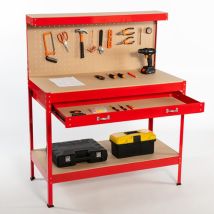 Kms - Switzer Steel Garage Workbench Toolbox Storage With Drawers Pegboard And 20 Pegs Shelf Diy Workshop Station Red