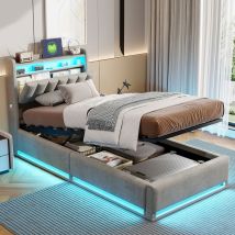 Letto Contenitore 90x200,con Testiera Contenitore, Strisce Luminose A Led Su Testa E Piedi Del Letto, Velluto, Gris