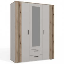 Ava - Armario De 150 Cm Con Espejo, 2 Cajones Y Frente Estriado En Roble Y Beige Cachemire