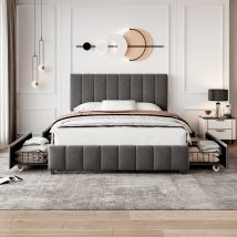 Modernluxe - 4ft6 Double Upholstered Bed With 4 Drawers, Velvet Platform Bed Frame, Metal-wood Support, 135x190cm, Grey (no Mattress)