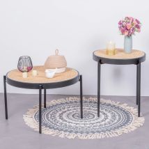 Retro-Couchtisch – Schwarz – Buchenholz – Rattan – Edelstahl – Vintage-Stil