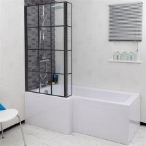 Ceramica - Bathroom L Shaped Bath Black Grid Shower Screen Lh Front Panel White 1600mm