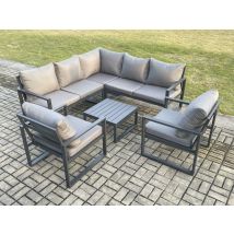 Fimous Outdoor Garden Furniture Set Aluminium Lounge Sofa Square Coffee Table Sets With 2 Pcs Chair Indoor Conservatory Set Dark Grey
