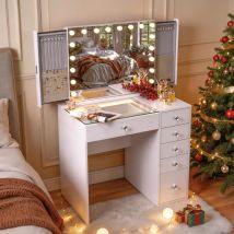 Fenchilin Tocador Con Iluminación Led, Intensidad Regulable, 6 Cajones, 92 X 81 X 55 Cm, Espejo De Cortesía Incluido, Blanco