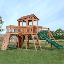 Backyard Discovery Sterling Point Wooden Climbing Frame And Swing Set With Two Swings, Trapeze And Web Swing