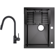 Cecipa Max - Fregadero De Cocina Fabricado En Acero Inoxidable Lavabo Sobre Encimera 60x45cm Negro Antracita + Grifo De Cocina Extensible Negro Con 2 