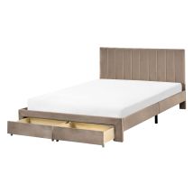 Letto Matrimoniale Moderno Ue 140 X 200 Cm Con Cassetti Testiera Velluto Rivestimento Base A Doghe Tortora Lonzac