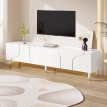 Meuble Tv Moderne 180x40x50 Cm - Avec 4 Portes - Design En Relief Arqué - Pieds En Bois - Mdf+panneaux De Particules - Blanc