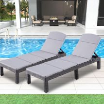 Set Di 2 Lettini Prendisole - Chaise Longue - Lettini Prendisole In Resina Effetto Vimini - Cuscino - Schienale Regolabile - Nero