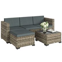 Conjunto De Jardín Exterior De Ratán 5 Piezas Con Cojines 2 Sillones De Esquina Sillón Sin Brazos Reposapiés Y Mesa