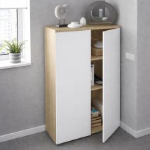 Mehrzweck-kabinett Plano, Mehrzweckschrank Mit 2 Türen, Schuhschrank Mit 3 Einlegeböden, Modernes Schuhregal, Cm 80x33h119, Eiche Und Weiß