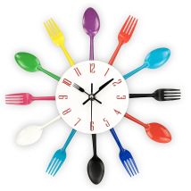 Küchenwanduhr, Abnehmbares 3d-motiv, Modernes Kreatives Besteck, Küchenlöffel, Gabel, Wanduhr, Spiegel, Wandaufkleber, Heimdekoration (bunt)