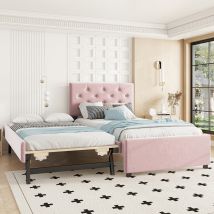 Einzelbett 90x200cm Ausziehbare Schublade Gestepptes Design Rosa Samtbezug (matratze Nicht Im Lieferumfang Enthalten)