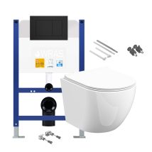 Gloss White Rimless D Shape Wall Hung Toilet With Low Height 0.75m Concealed Cistern Frame Set - Matt Black Plate
